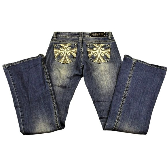 Rue 21 Premiere Womens Distressed Jeans Bling Pockets Size 3/4 JH1049 - Picture 1 of 4